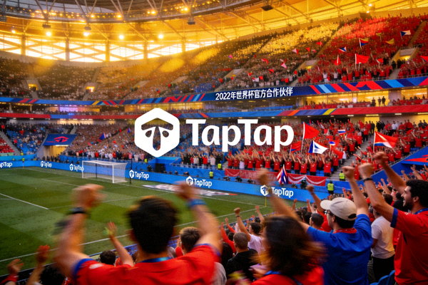 2022年世界杯官方合作伙伴活动现场 - 大型足球场，观众欢呼，TapTap标志醒目