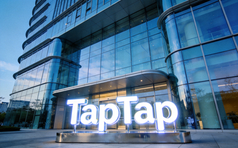 TapTap公司总部大楼外观 - 现代建筑，玻璃幕墙，入口处有TapTap标志